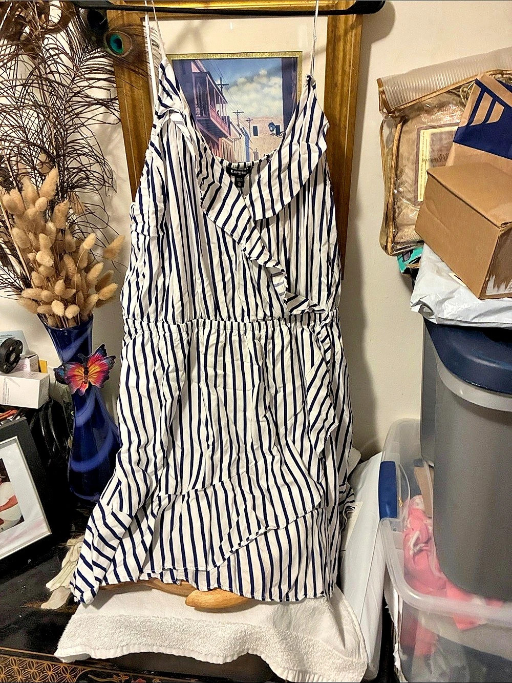 Express Striped Mini Dress in White & Blue Size XL Like New